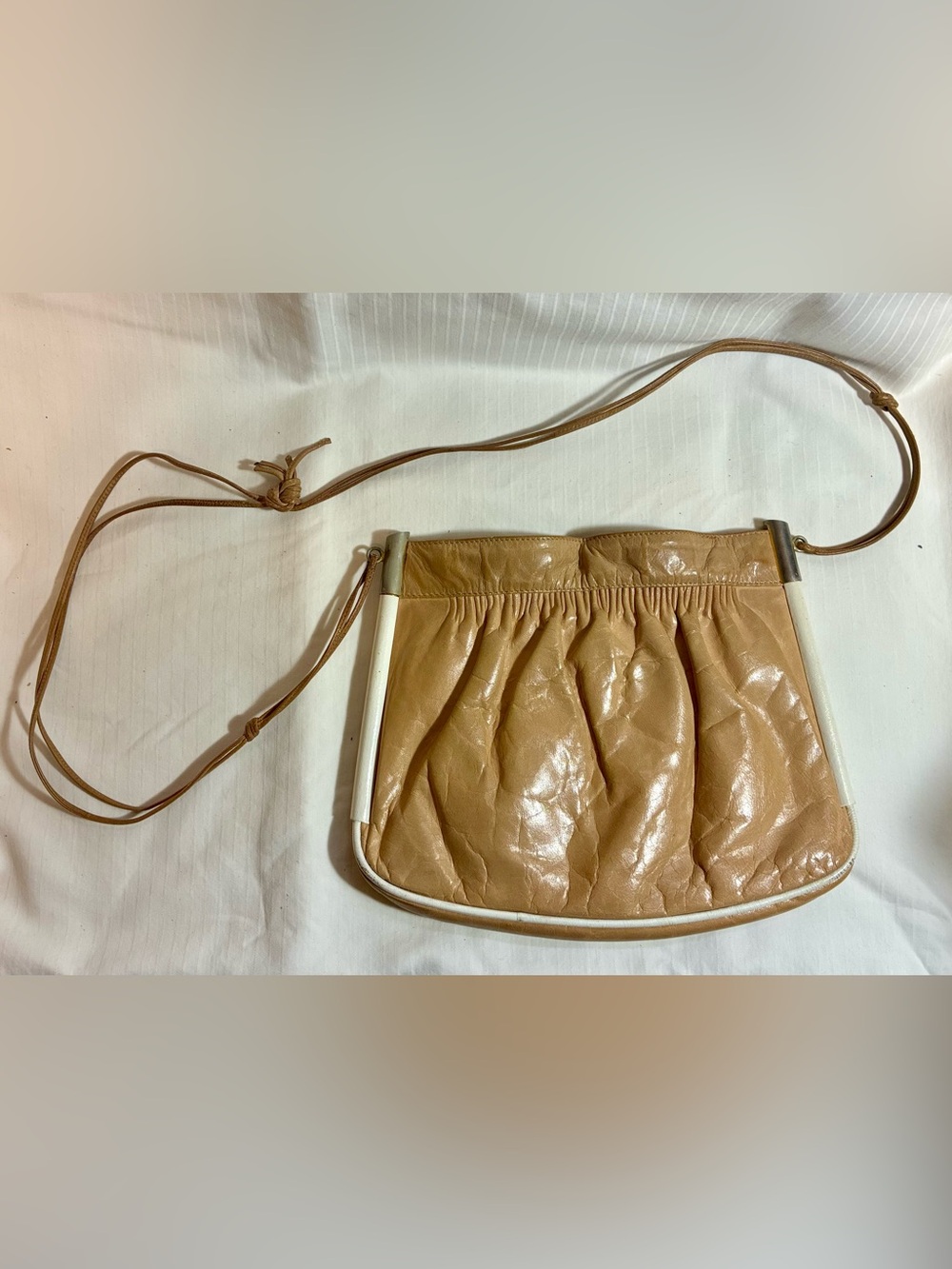 Vintage Tan Leather Disco Bag with White Trim